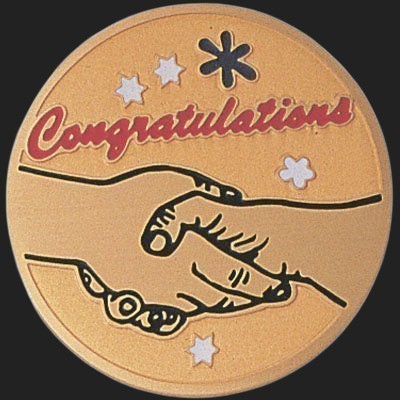 Metal Stickems 2-inch round gold-toned adhesive sticker featuring a handshake graphic and Congratulations text.