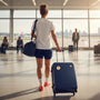 Metal Stickems gold cross country medallion sticker applied to a navy blue rolling suitcase in an airport terminal