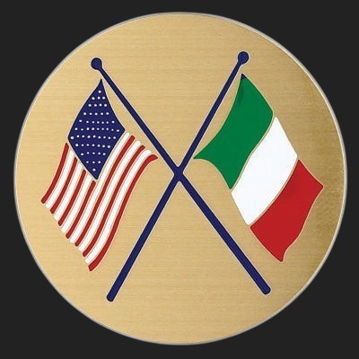Metal Stickems 2-inch round metal sticker featuring crossed American and Italian flags on a brushed gold background.