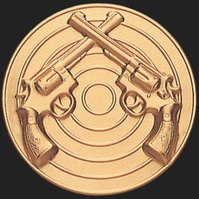 Metal Stickems 2-inch round gold metal sticker featuring a raised crossed revolver design on a target background.