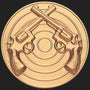 Metal Stickems 2-inch round gold metal sticker featuring a raised crossed revolver design on a target background.