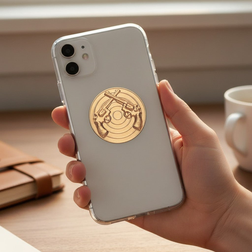 Metal Stickems crossed revolver metal sticker applied to the back of a smartphone case