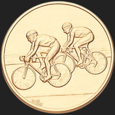 Metal Stickems 2-inch round gold-tone adhesive sticker featuring an embossed design of two cyclists in motion.