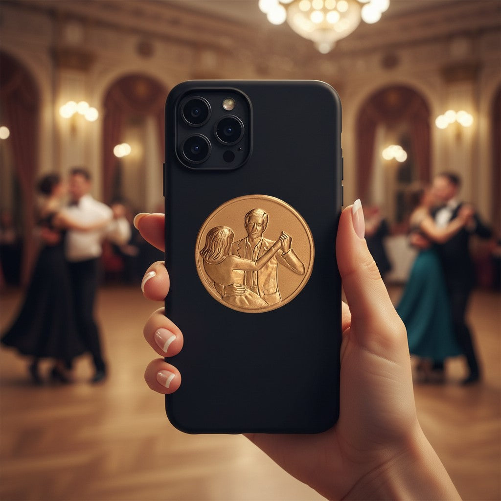 Metal Stickems dancing couple embossed gold metal sticker applied to a black smartphone case in a ballroom setting.