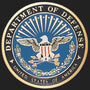 Metal Stickems 2-inch Department of Defense metal emblem with official seal, blue and gold finish, adhesive backing.
