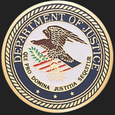 Metal Stickems 2-inch Department of Justice metal emblem with gold, blue, and white official seal design.