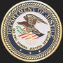 Metal Stickems 2-inch Department of Justice metal emblem with gold, blue, and white official seal design.