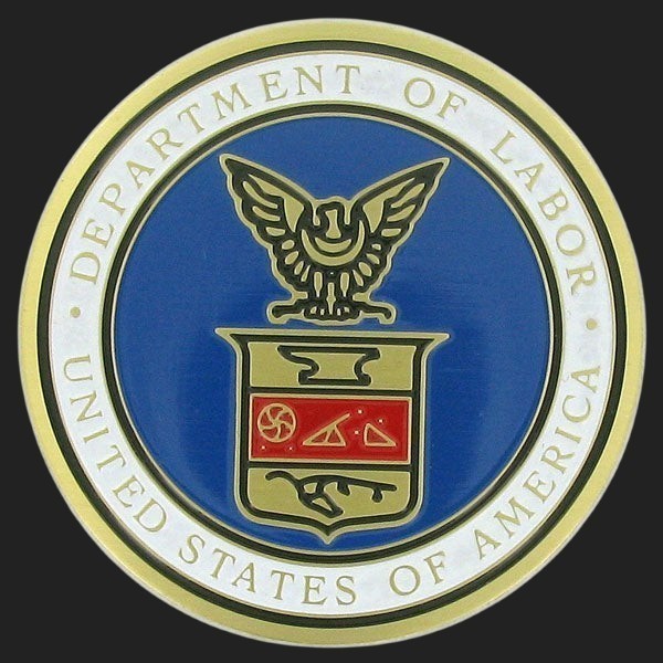 Metal Stickems 2-inch Department of Labor metal emblem with blue, red, and gold official seal and adhesive backing.