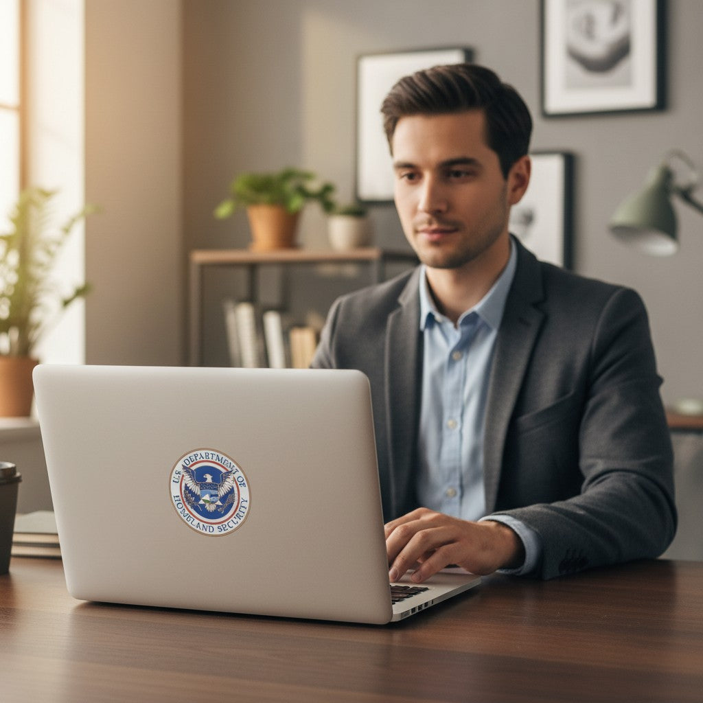 Metal Stickems 2-inch Department of Homeland Security metal sticker applied to a laptop used by a man in a suit.