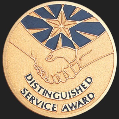 Metal Stickems 2-inch gold-tone Distinguished Service Award sticker featuring a handshake and star emblem.