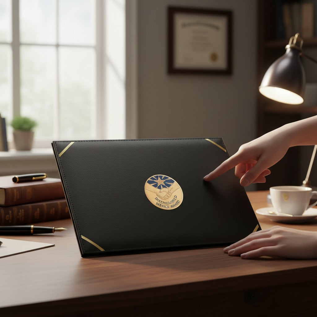 Metal Stickems Distinguished Service Award gold metal sticker on a black leather portfolio in a professional office.
