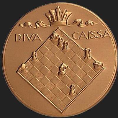 Metal Stickems Diva Caissa 2-inch bronze-toned metal sticker featuring an intricate relief of a chess board and pieces.