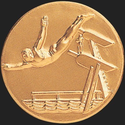 Metal Stickems 2-inch round gold sticker featuring an embossed diving athlete design for gear and water bottles.