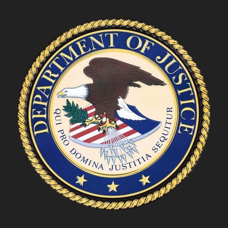 Metal Stickems 4-inch Department of Justice metal emblem with official seal, gold border, and adhesive backing.