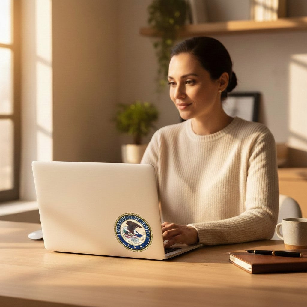 Woman working on a laptop featuring a 4-inch Metal Stickems Department of Justice metal seal sticker.