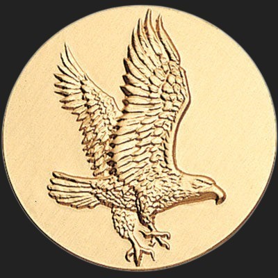 Metal Stickems 2-inch round gold metal sticker featuring an embossed eagle design for personalizing gear.