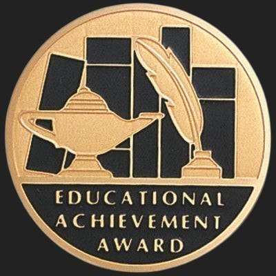 Metal Stickems 2-inch antique gold metal sticker featuring a lamp of knowledge and quill for educational awards.