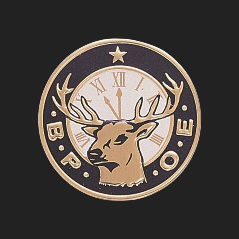 Metal Stickems 2-inch round adhesive badge featuring a gold elk head and clock face design in black and gold.