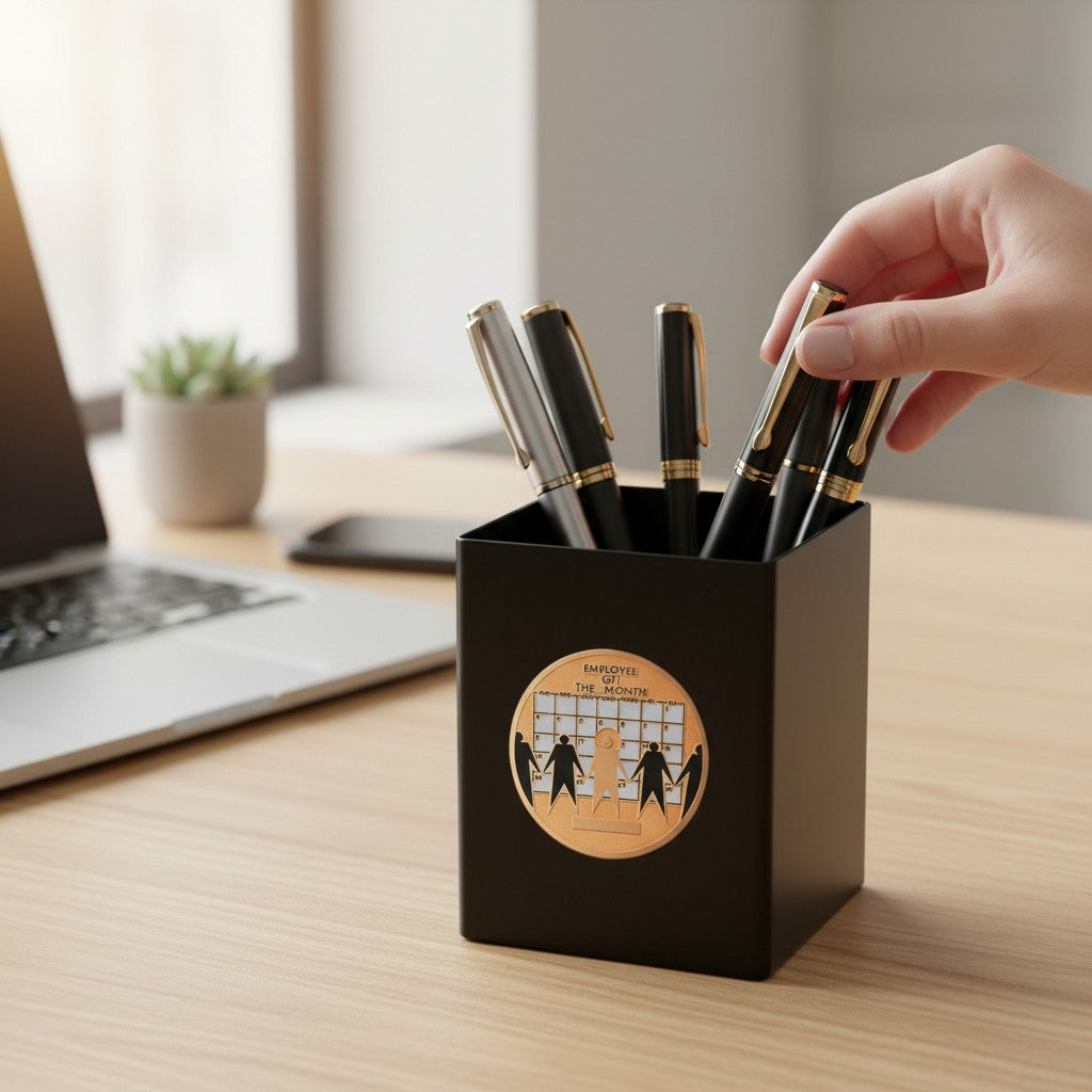 Metal Stickems Employee Of The Month round gold metal sticker applied to a black desk pen holder