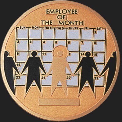 Metal Stickems 2-inch round gold-toned Employee Of The Month adhesive metal sticker with calendar and figure design.