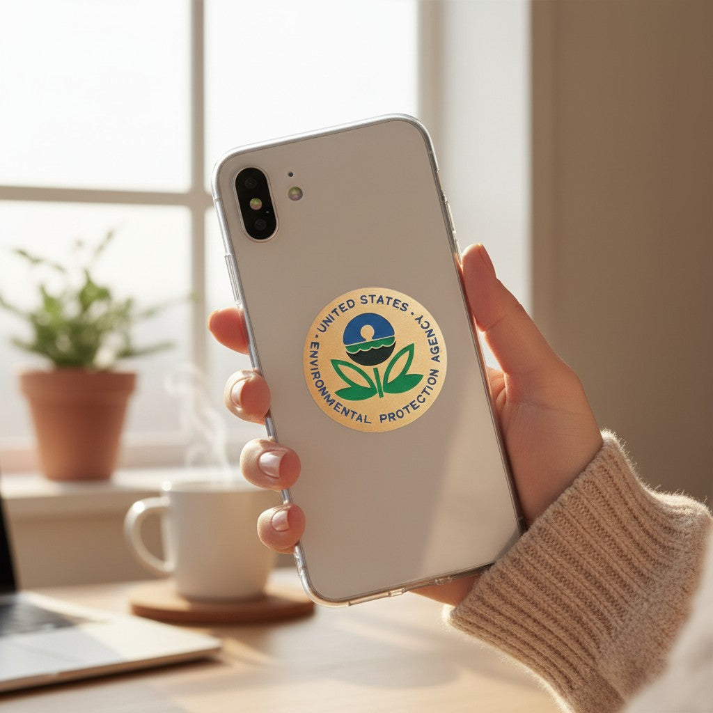 Metal Stickems 2-inch circular EPA metal sticker with official seal on a smartphone held in a hand.