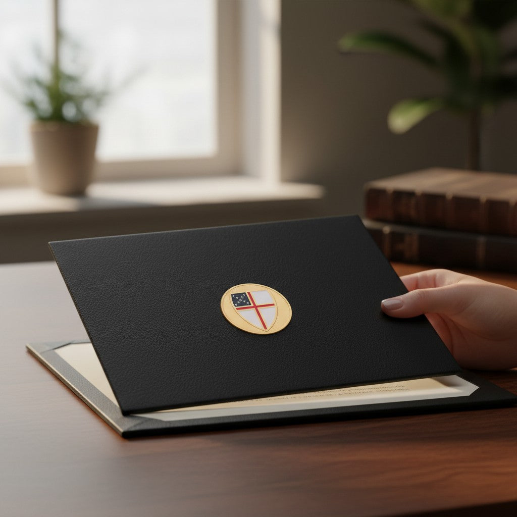 Metal Stickems Episcopal Shield emblem in gold-tone with red and blue details applied to a black folder on a desk.
