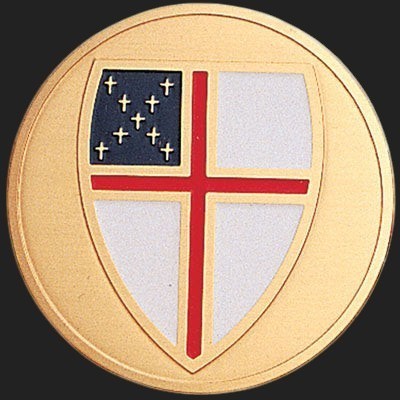 Metal Stickems 2-inch Episcopal Shield emblem with a polished gold-tone finish, red cross, and blue canton.