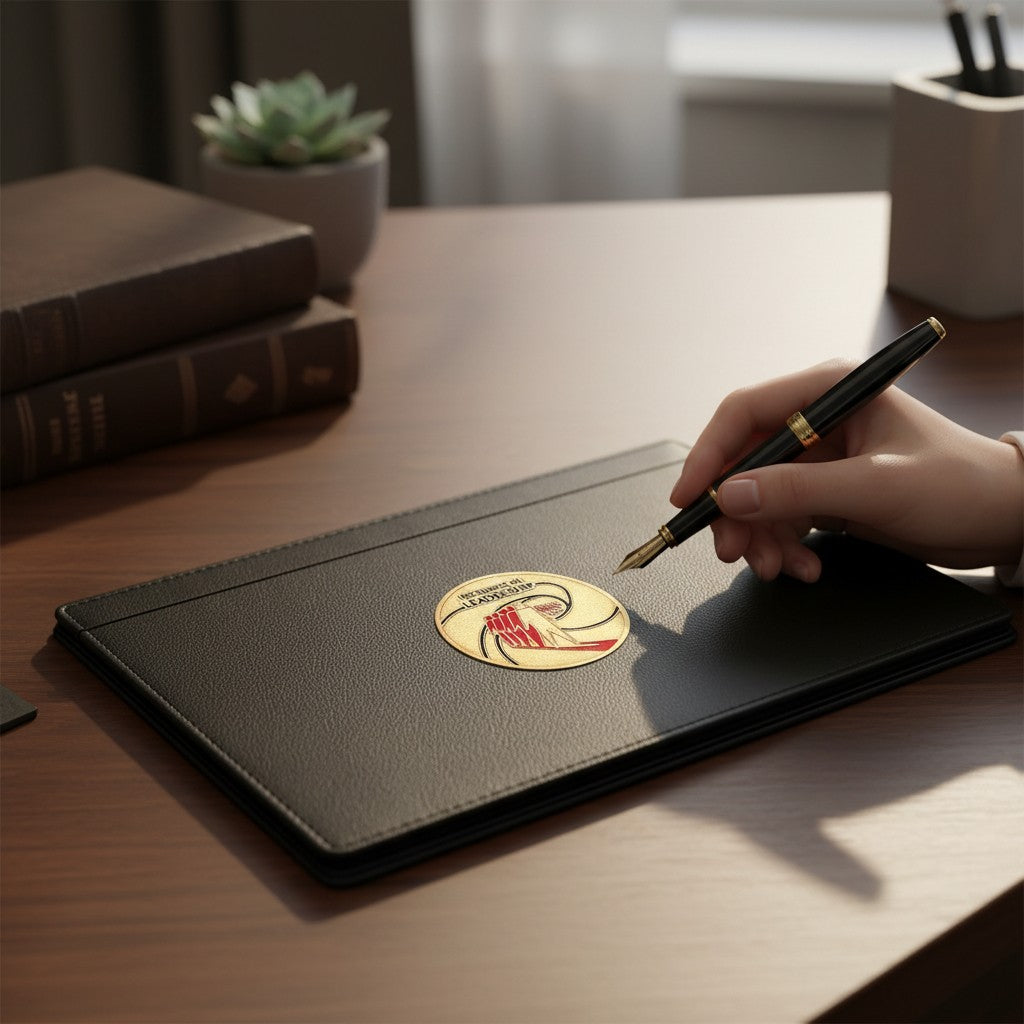 Metal Stickems 2-inch gold metallic Excellence In Leadership sticker applied to a black leather notebook on a desk.