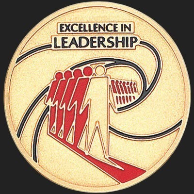 Metal Stickems 2-inch round metallic sticker featuring Excellence In Leadership text with red and gold design.
