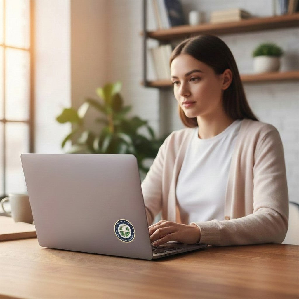 Metal Stickems 2-inch FAA metal sticker with navy, green, and gold seal applied to a laptop used by a woman.