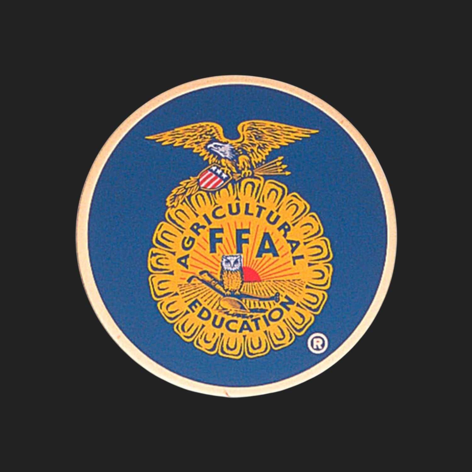 Metal Stickems 2-inch FFA logo emblem in blue and gold, featuring a durable metal construction for gear and laptops.