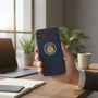 Metal Stickems 2-inch FFA metal emblem sticker applied to a navy blue smartphone case held in a hand.