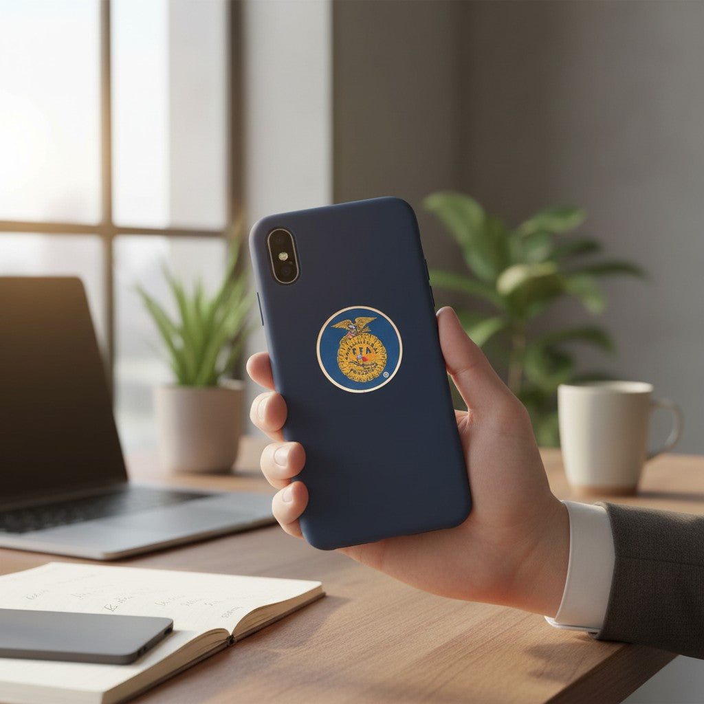 Metal Stickems 2-inch FFA metal emblem sticker applied to a navy blue smartphone case held in a hand.