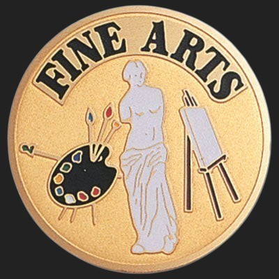 Metal Stickems 2-inch circular fine arts sticker with gold finish, featuring a sculpture, easel, and paint palette.