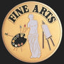 Metal Stickems 2-inch circular fine arts sticker with gold finish, featuring a sculpture, easel, and paint palette.