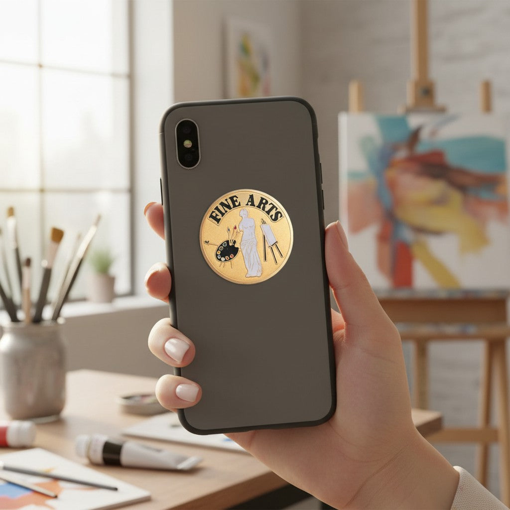 Metal Stickems 2-inch circular fine arts sticker with sculpture and palette design applied to a smartphone case.