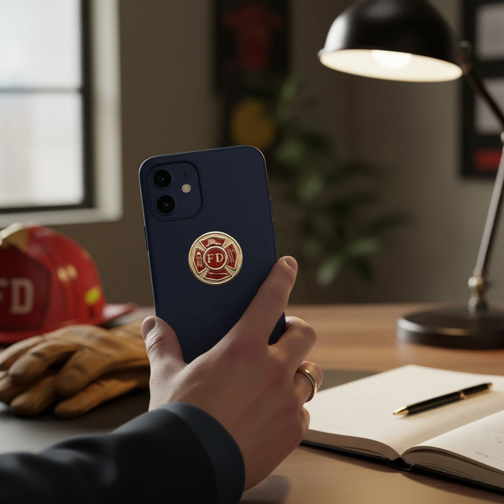Metal Stickems fire department Maltese cross emblem in gold and red applied to the back of a dark blue smartphone.