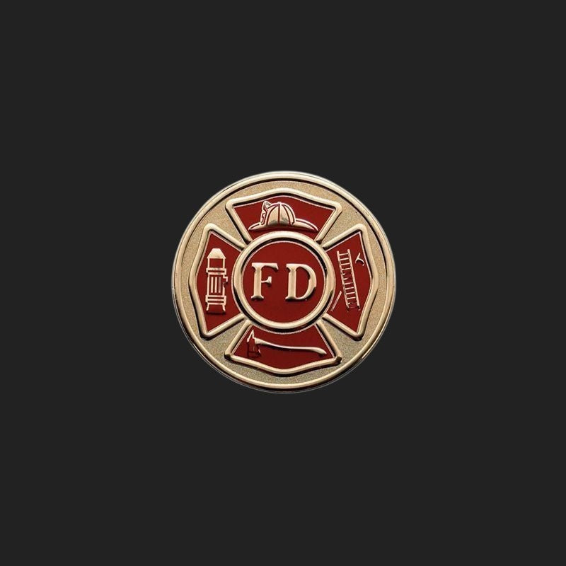 Metal Stickems 7/8 inch fire department emblem with a red enamel Maltese cross and polished gold-tone accents.
