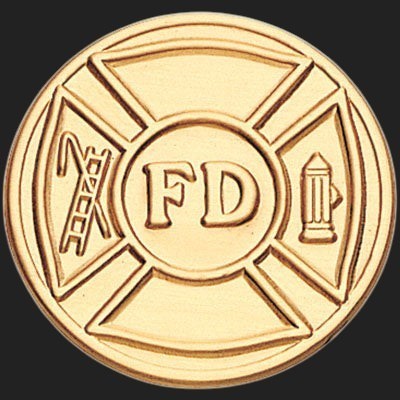 Metal Stickems 2-inch gold-tone fire department emblem featuring a Maltese cross, ladder, and fire hydrant design.