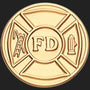 Metal Stickems 2-inch gold-tone fire department emblem featuring a Maltese cross, ladder, and fire hydrant design.