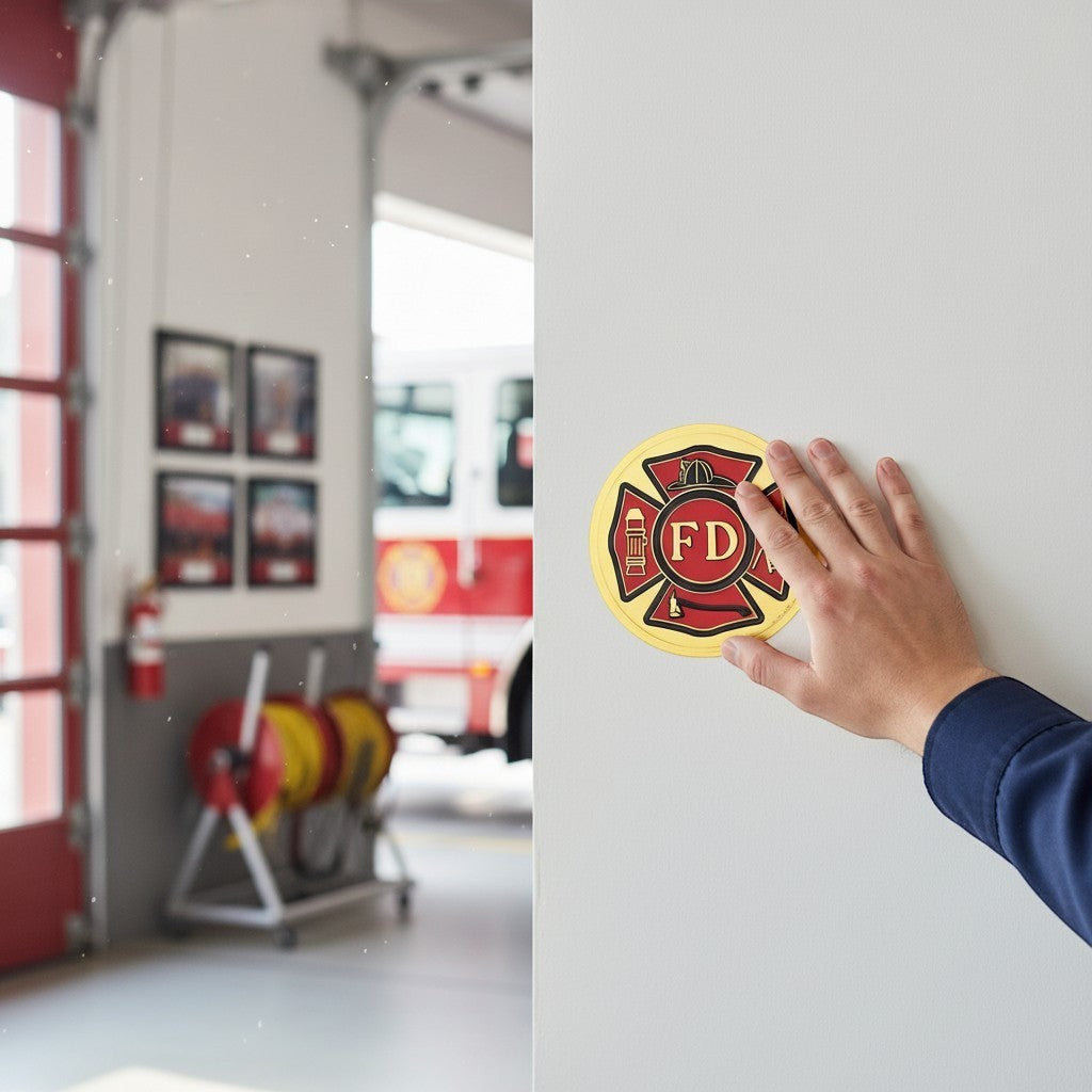 Metal Stickems 4-inch embossed fire department medallion with Maltese cross, red and gold, applied to a wall.