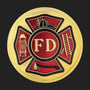 Metal Stickems 4-inch round embossed fire department medallion with red and gold Maltese cross and firefighting tools.