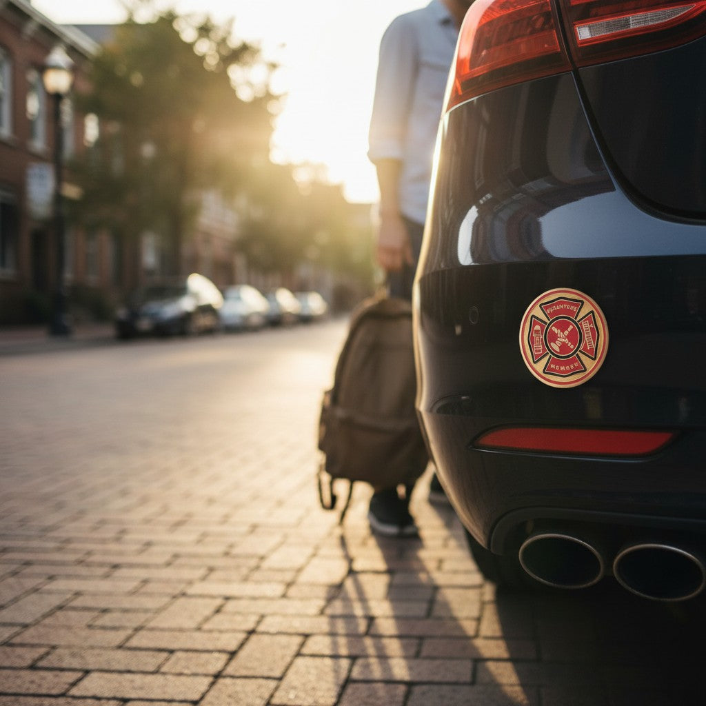 Metal Stickems 2-inch volunteer firefighter Maltese cross emblem decal in red, black, and gold on a car bumper.