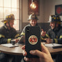 Metal Stickems 2-inch gold and red enamel firefighter Maltese cross emblem sticker applied to a black smartphone case.