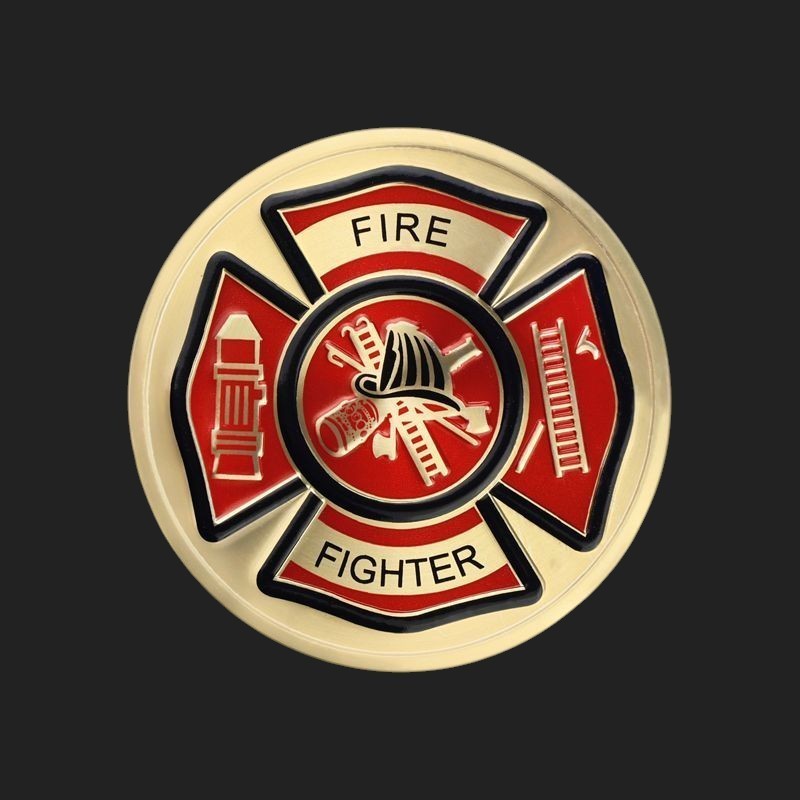 Metal Stickems 2-inch firefighter Maltese cross emblem in gold-tone metal with vibrant red enamel detailing.