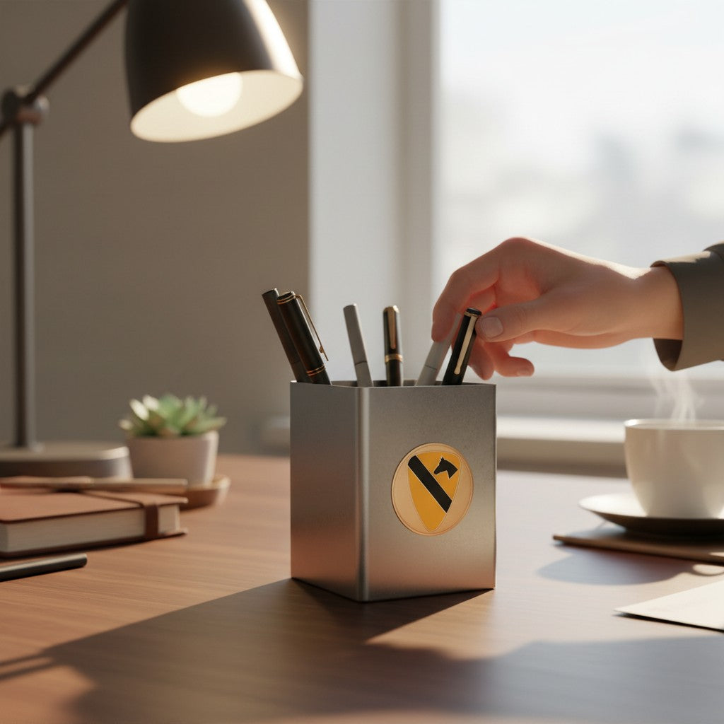 Metal Stickems First Cavalry Division metal emblem sticker on a silver desk pen holder in a bright office setting.
