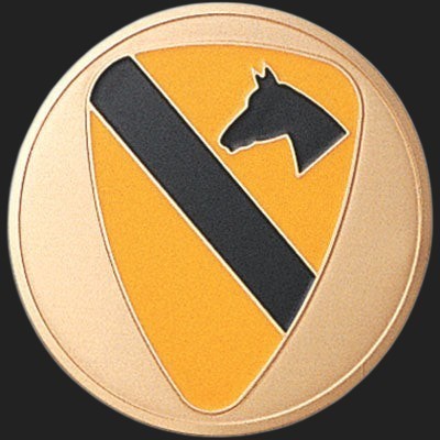 Metal Stickems 2-inch First Cavalry Division metal emblem featuring a yellow and black shield with a horse silhouette.