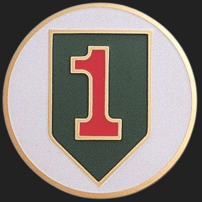 Metal Stickems 2-inch First Infantry Division metal emblem with red, green, and white enamel shield insignia.