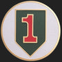 Metal Stickems 2-inch First Infantry Division metal emblem with red, green, and white enamel shield insignia.