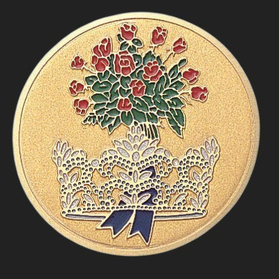 Metal Stickems 2-inch circular metal sticker featuring a floral bouquet and lace design on a shimmering gold background
